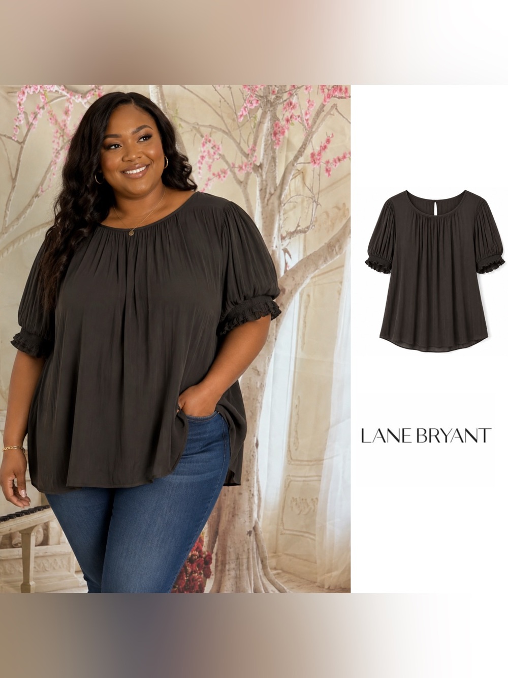 Lane Bryant Black Ruffled Short-I Sleeve Peasant Top